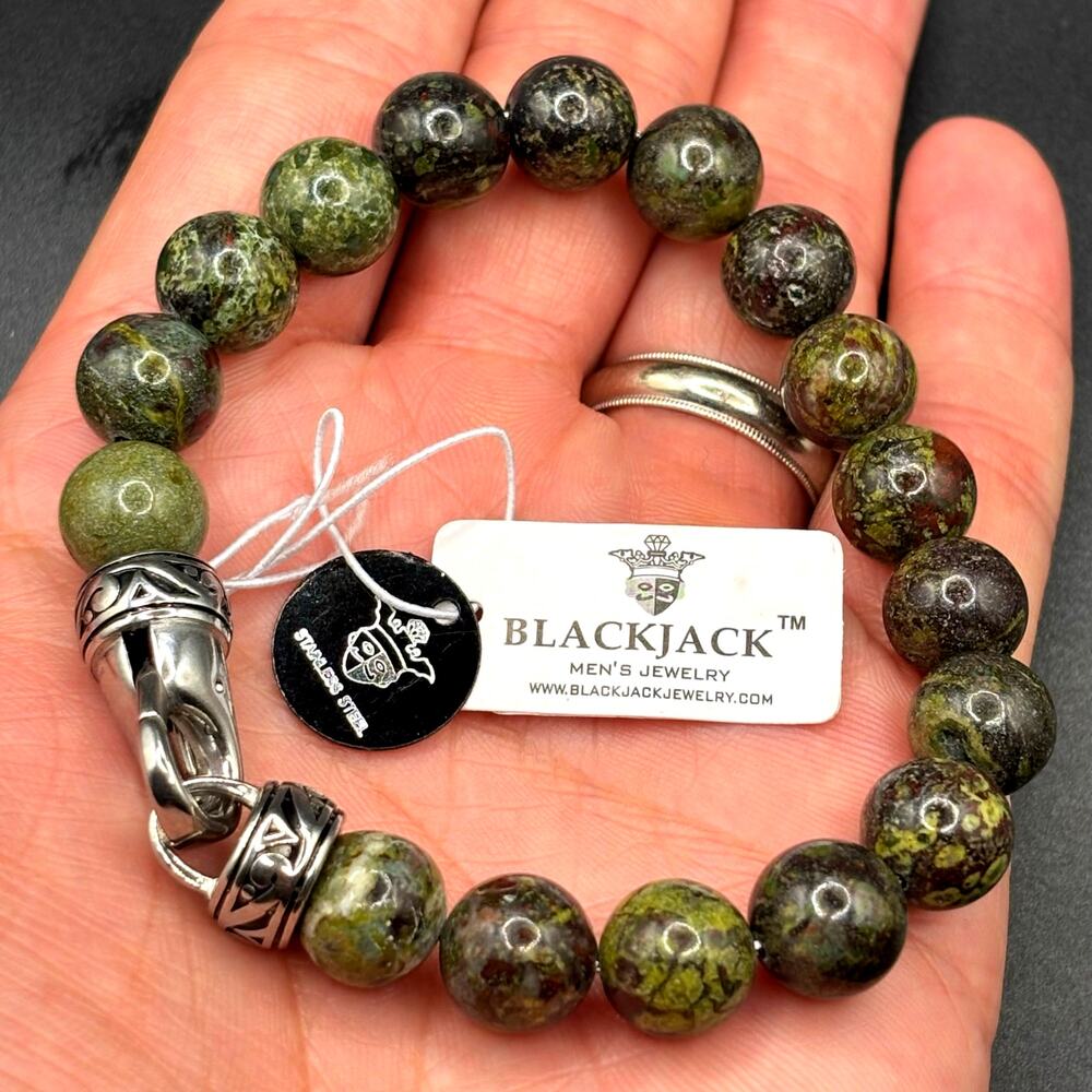 Blackjack BJB244DG Men’s 10mm Dragon Stone Stainless Steel Beaded Bracelet NWT